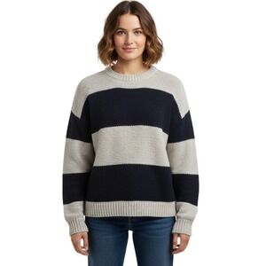 American Eagle Sweater Womens XL Navy Cream Stripe Crewneck Soft Knit Pullover